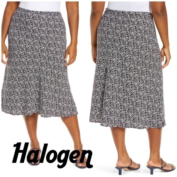 Halogen Bias Cut Midi Skirt. Black and White Leopard Dot. Flowy. Animal print - Picture 1 of 8